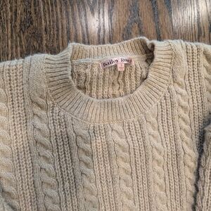 Camel Color Cropped Crew Neck Sweater with Cable Knit